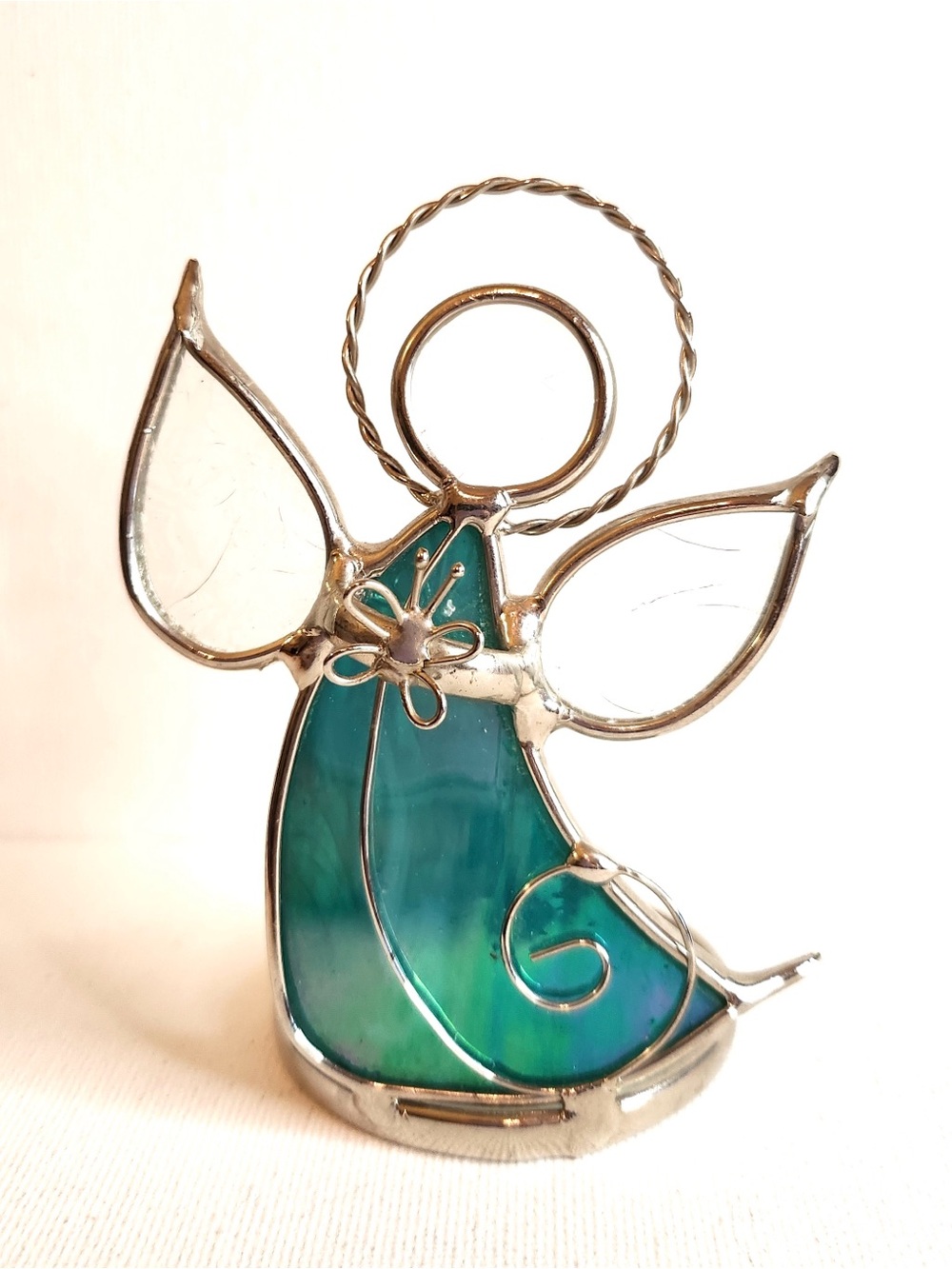 Green Iridescent Stained Glass Angel Tea Lite Candle Holder with Butterfly 4”